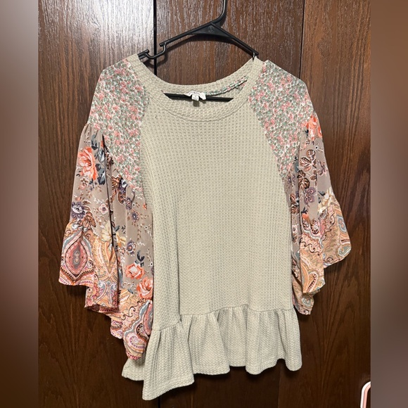 Umgee Olive and Paisley Ruffle Blouse - Picture 1 of 5